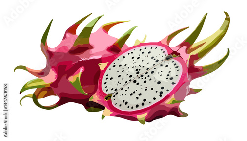 Cartoon exotic dragon fruit cut out with bright pink exterior in modern vector style with bright cuteness on transparent background.