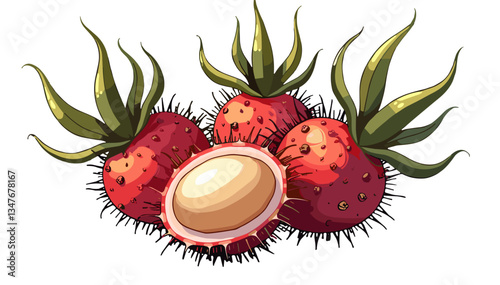 Cartoon exotic prickly rambutan fruit in modern vector style with bright cuteness on transparent background.