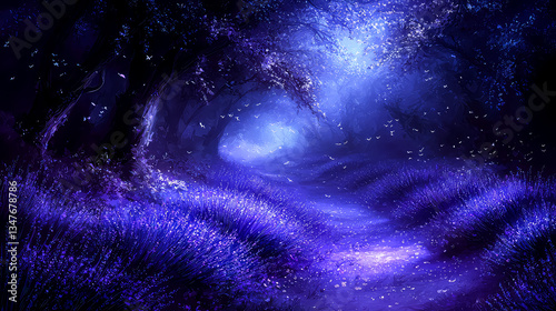 Enchanted Lavender Forest at Night: A Magical Scene