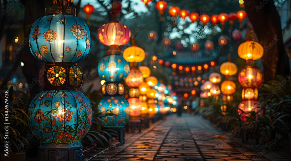 Obraz premium Colorful Lanterns Illuminate Night Path