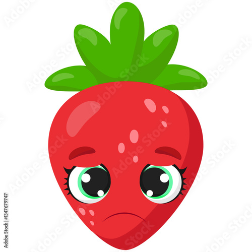 A sad strawberry with large teary eyes and a frowning expression. A bright fruit illustration perfect for packaging, kids' prints, educational materials, and digital designs