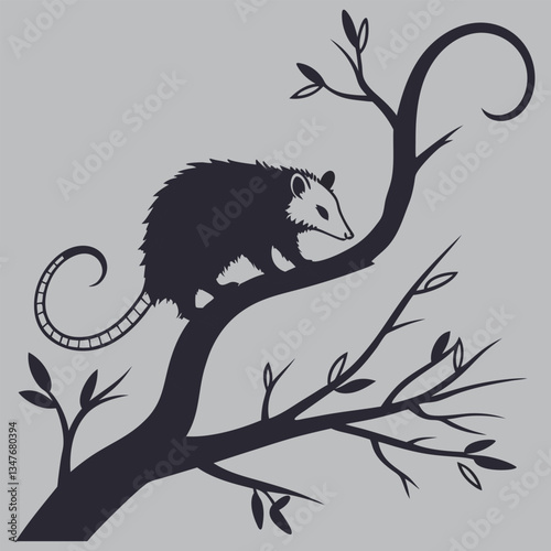 an opossum curling its tail around a branch silhouette vector design art and illustration