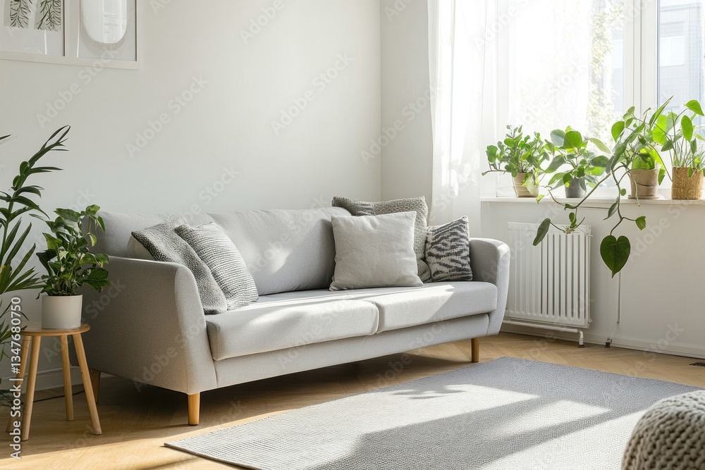 Fototapeta premium A bright living room featuring a grey sofa and houseplants