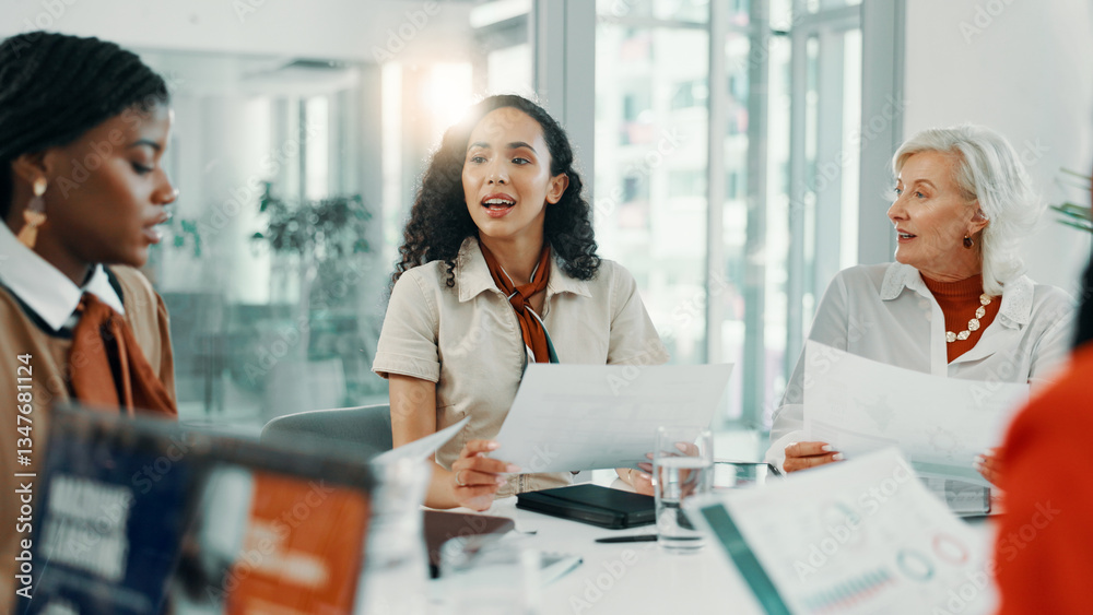 Fototapeta premium Documents, meeting and review with business women in boardroom of office for planning or strategy. Collaboration, discussion and schedule with employee team in workplace for feedback or proposal