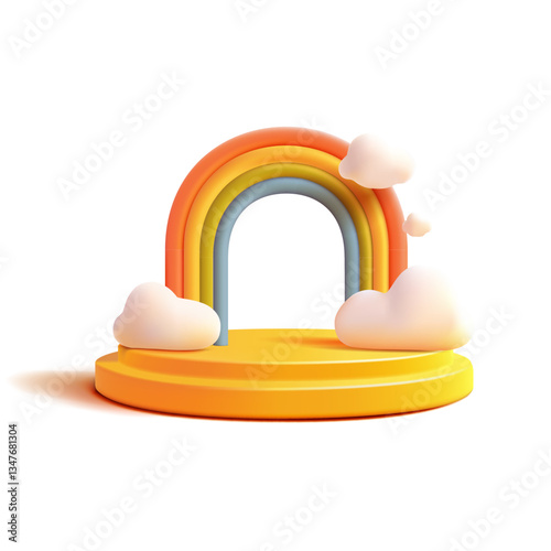 3D rainbow, empty orange podium, and clouds. Composition on white background for design of children's products, magic world, fairy tale. Vector illustration.