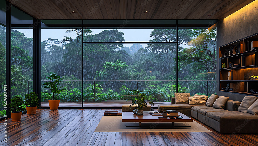 Fototapeta premium Luxurious living room with floor-to-ceiling windows overlooking a rain-soaked forest blending indoor comfort with natural scenery.