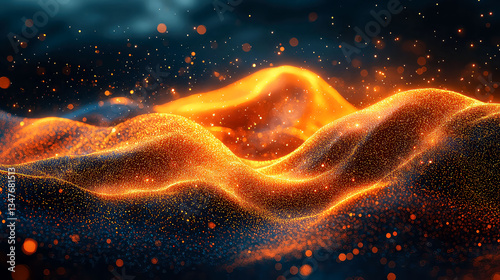Glowing Abstract Landscape: Golden Particle Waves in Dark Space