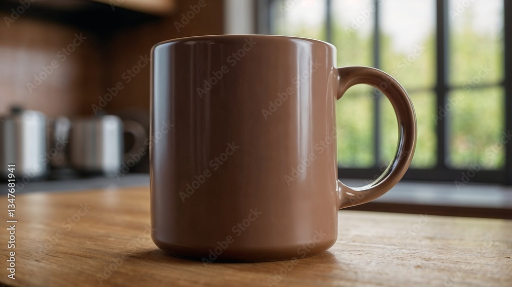 Elegant coffee mug in PANTONE 17-1230 Mocha Mousse color on a wooden kitchen counter Elegant coffee mug in PANTONE 17-1230 Mocha Mousse color on a wooden kitchen counter