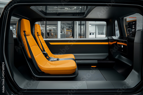 Modern vehicle interior featuring bright orange seating sleek dark trim and a visible skylight.