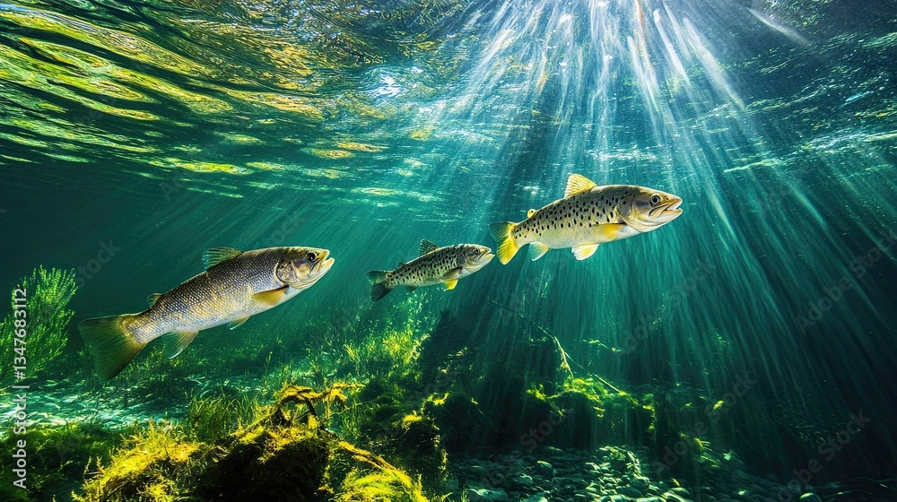 Fototapeta premium Freshwater ecosystems, showcasing rivers, lakes, and ponds, focusing on the wildlife and water quality that sustain ecosystems vital to human and animal life.