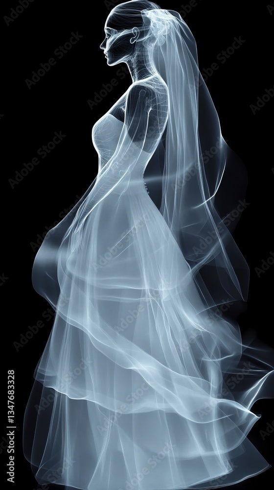 Elegantly flowing abstraction of a model in a stunning dress with veil set against a dark backdrop Elegantly flowing abstraction of a model in a stunning dress with veil set against a dark backdrop
