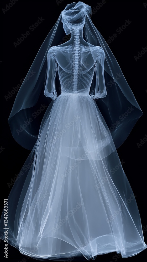 Stunning abstract representation of a skeletal model in an elegant dress with a flowing veil Stunning abstract representation of a skeletal model in an elegant dress with a flowing veil