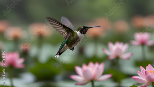 Focus on a hummingbird flying in a blurry lotus pond.