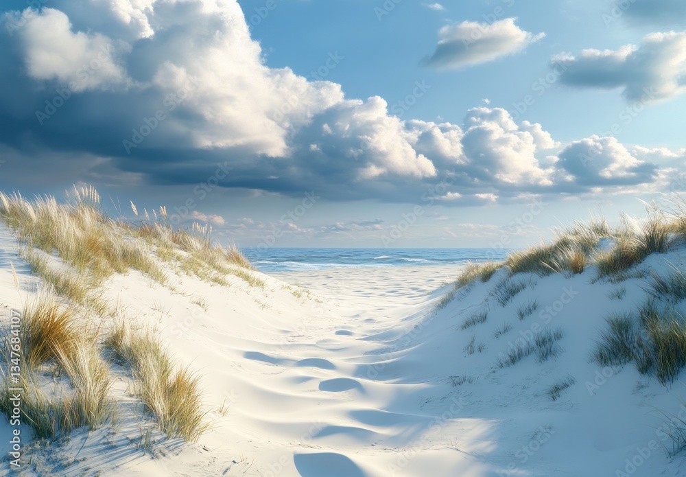 Sunny beach path, dunes, ocean, clouds, summer, travel, scenic, idyllic, postcard Sunny beach path, dunes, ocean, clouds, summer, travel, scenic, idyllic, postcard