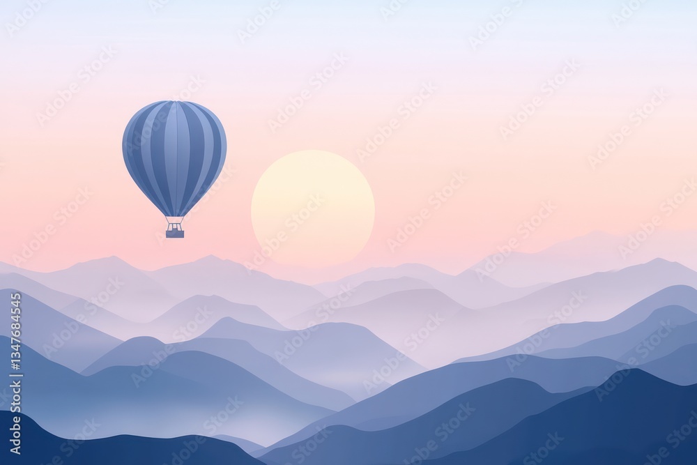 Fototapeta premium Hot air balloon sunrise mountain landscape travel poster