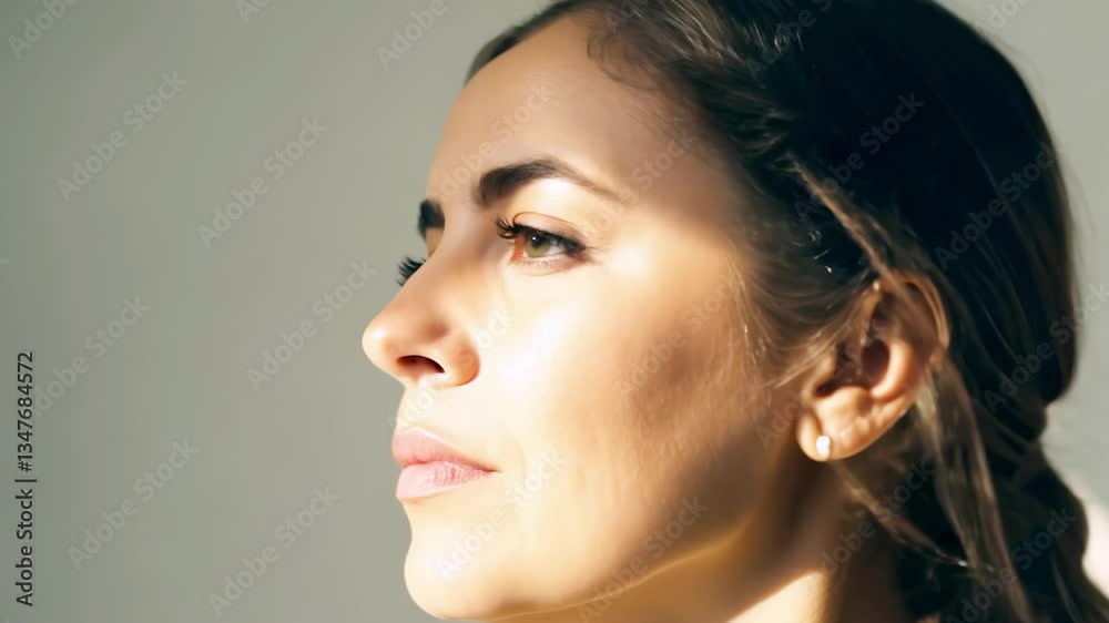 Young Caucasian woman with thoughtful expression in natural light, looking away. Concept of elegance, contemplation, confidence, beauty, serenity, peacefulness Young Caucasian woman with thoughtful expression in natural light, looking away. Concept of elegance, contemplation, confidence, beauty, serenity, peacefulness