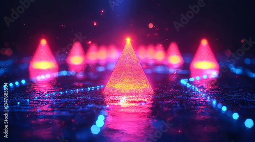 Neon Christmas Tree: Festive Holiday Lights, Digital Art
