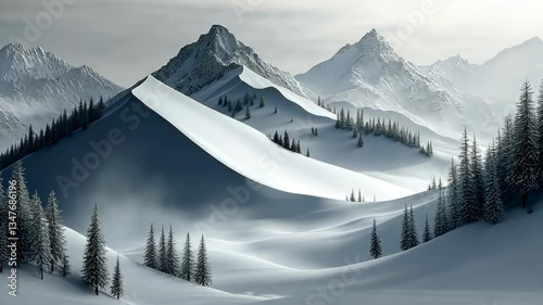 Serene Winter Mountain Landscape: A Breathtaking View of Snow-Covered Peaks and Evergreens