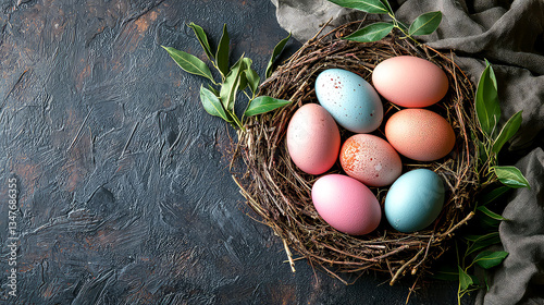 Pastel Easter Eggs in Bird Nest: Spring Holiday Decoration
