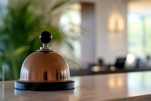 Hotel reception bell, service, lobby, background blurred
