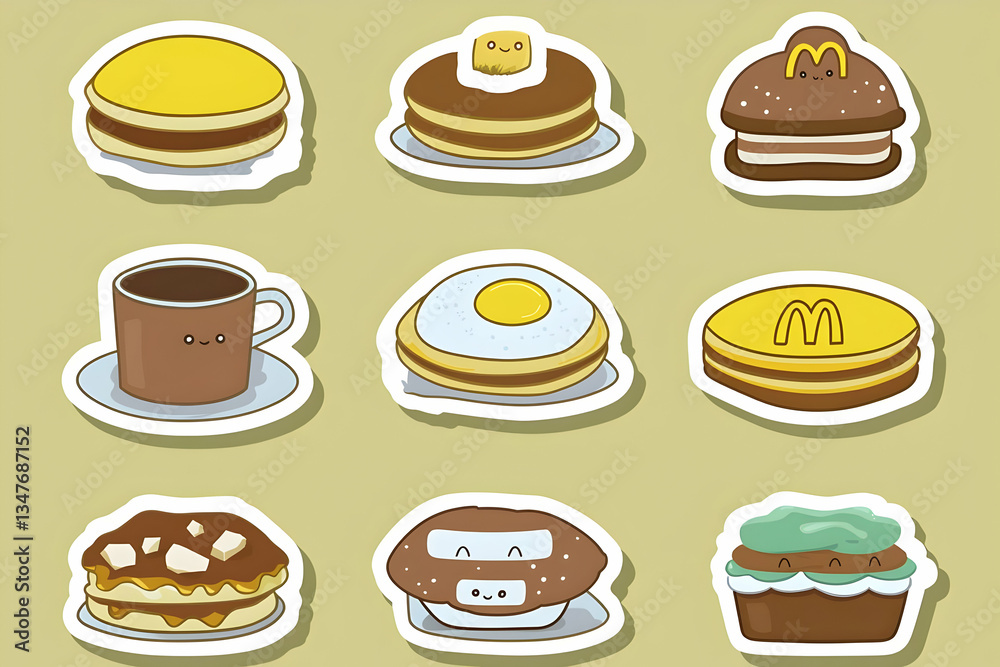 Cute cartoon food stickers, various dishes, kawaii style, for kids, social media Cute cartoon food stickers, various dishes, kawaii style, for kids, social media