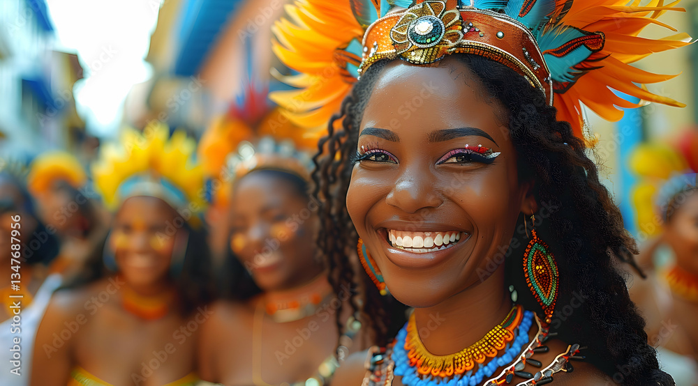 Smiling Woman In Colorful Carnival Costume
