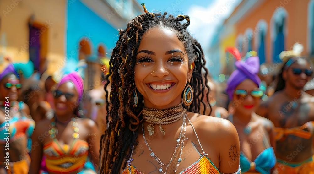 Smiling Woman In Colorful Carnival Parade