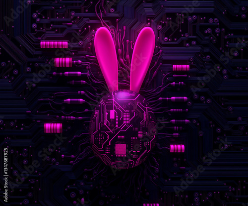 Futuristic Easter with cyber bunny and electronic elements. High-tech Easter egg with circuit board design 