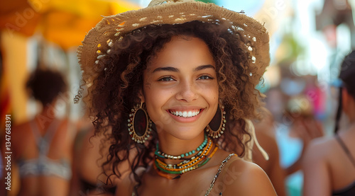 Smiling Woman In Straw Hat Outdoors