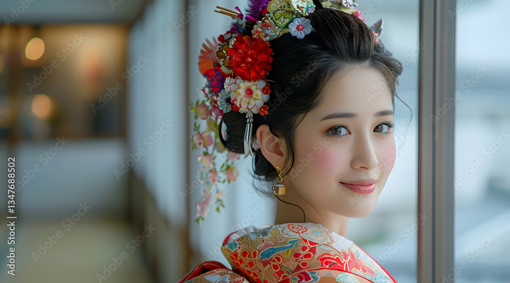Smiling Woman In Traditional Japanese Kimono With Floral Headdress