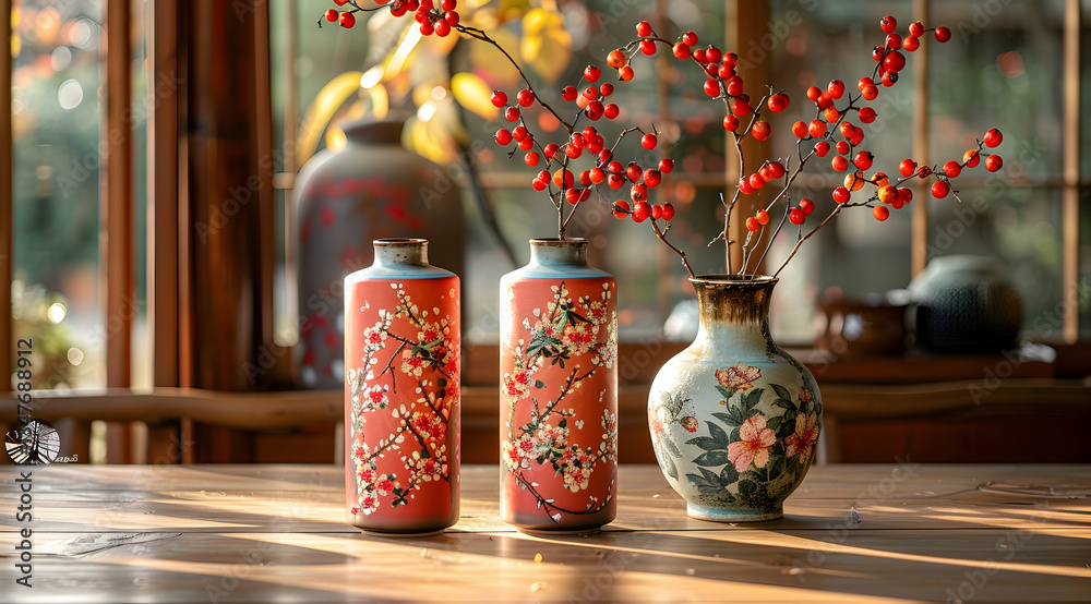 Three Decorative Vases With Floral Patterns On Wooden Table