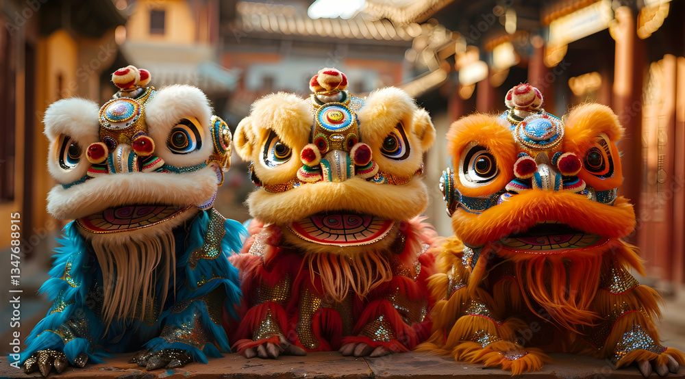 Three Colorful Lion Dance Costumes In Traditional Setting