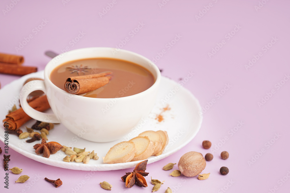 Fototapeta premium Cup of tasty masala tea with different spices on purple background, closeup