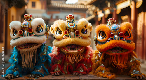 Obraz na płótnie Three Colorful Lion Dance Costumes In Traditional Setting w salonie