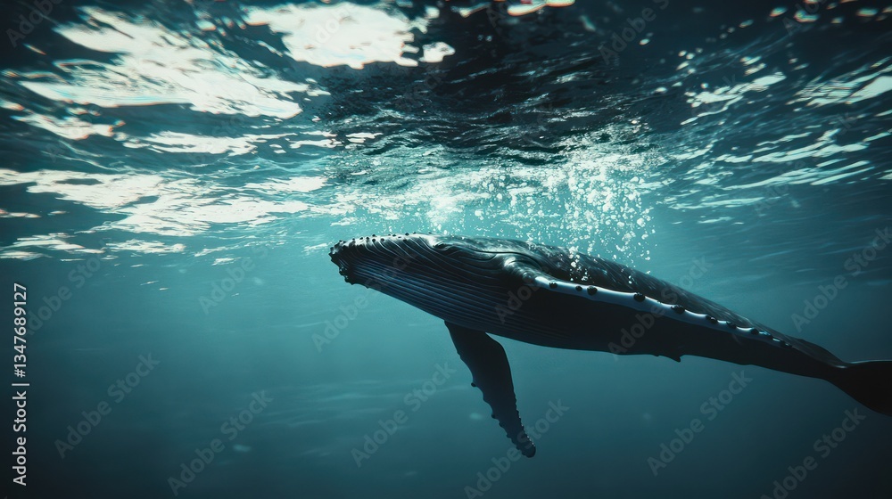 Fototapeta premium Humpback whale underwater ocean surface bubbles wildlife