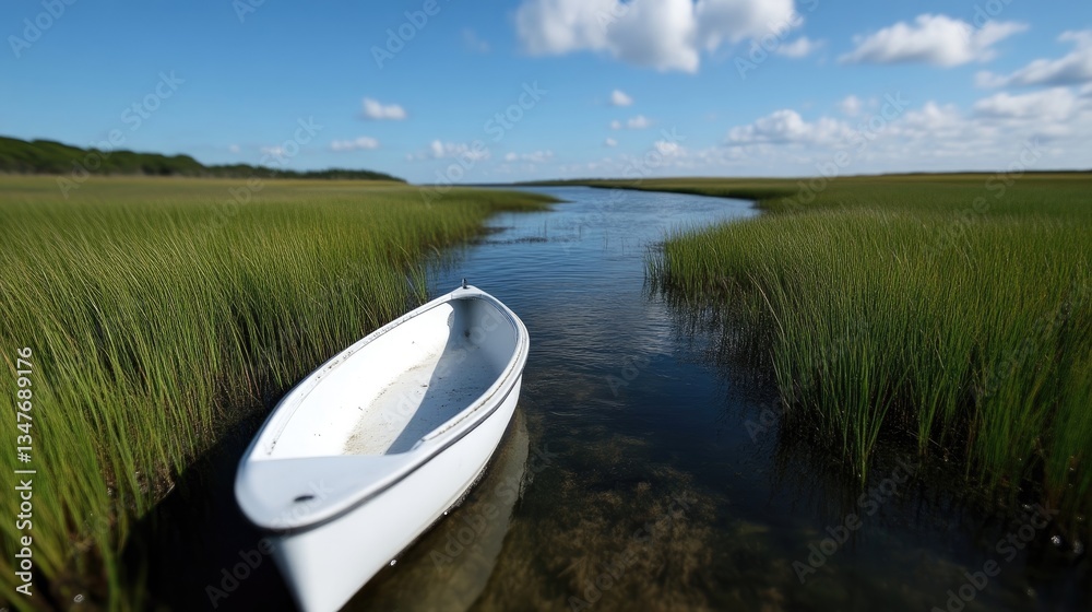 Obraz premium Tranquil white boat on a tranquil waterway amidst tall grass