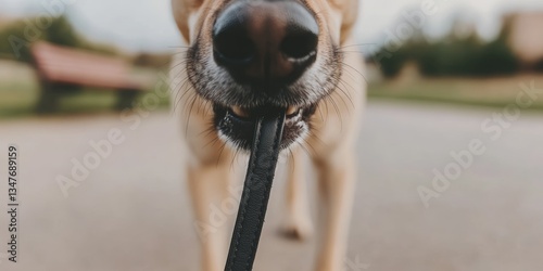 Labrador retrieving leash in park close-up