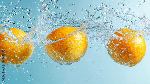 Three Juicy Oranges Splashing in Water: A Refreshing Image