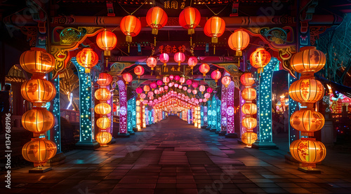 Obraz na płótnie Vibrant Lantern Path At Night w salonie