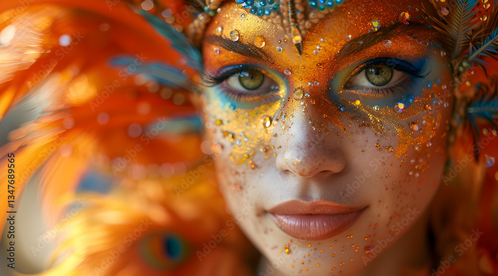 Woman In Carnival Costume With Bold Makeup And Feathers
