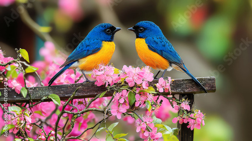 Two Blue and Yellow Birds on Pink Blossoms