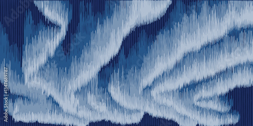 Hand drawn brush lines abstract northern light sky background in blue, Japanese, ethnic folk wood carving, weaving textured surface pattern, simple monochromatic graphic for textile, decoration