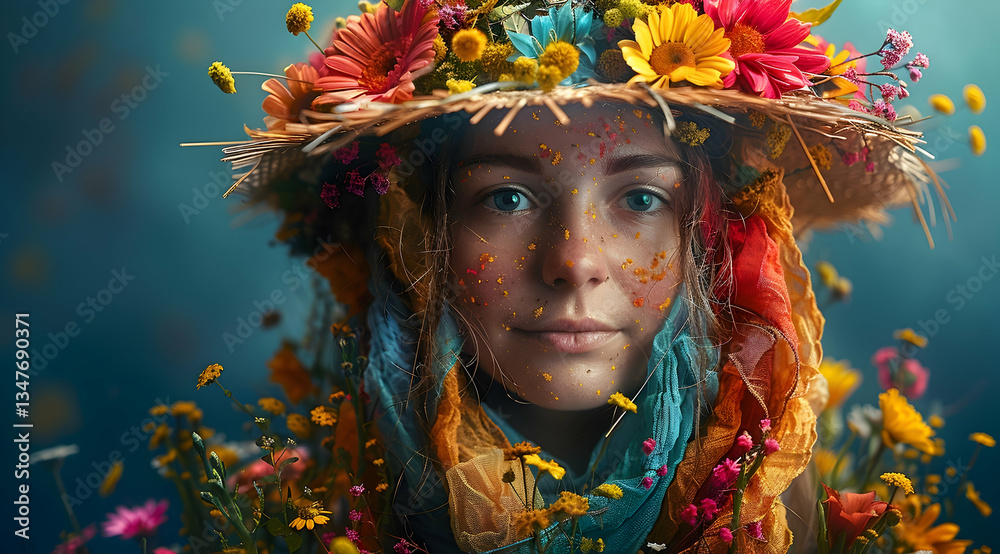 Woman Portrait With Colorful Floral Headpiece