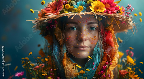 Obraz na płótnie Woman Portrait With Colorful Floral Headpiece w salonie