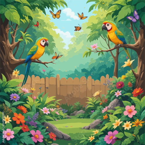 Two Parrots Amidst a Flourish of Flowers and Butterflies