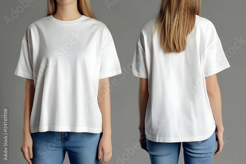 An oversized white t-shirt mockup worn by a woman, styled with jeans, creating a relaxed, modern look for apparel design. 40k, , high resolution