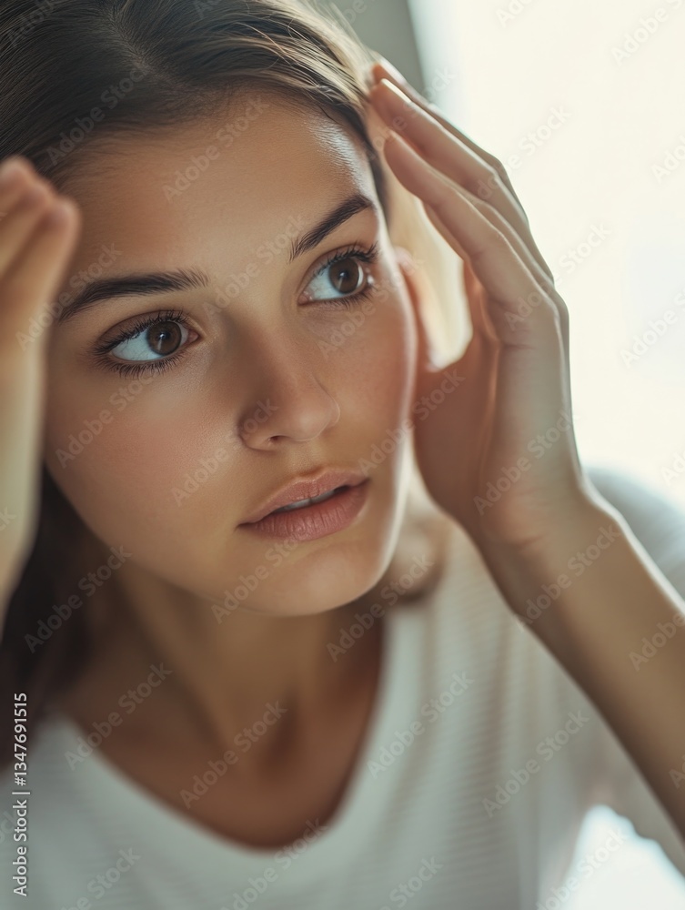 Fototapeta premium A young woman has hands on her forehead and is looking forward, which can be a sign of contemplation or concern.