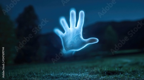 Mysterious glowing hand amidst dark landscape