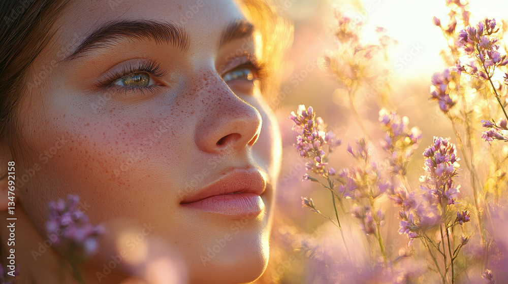 Fototapeta premium Ethereal portrait of a young woman surrounded by pastel flowers during golden hour with soft lighting