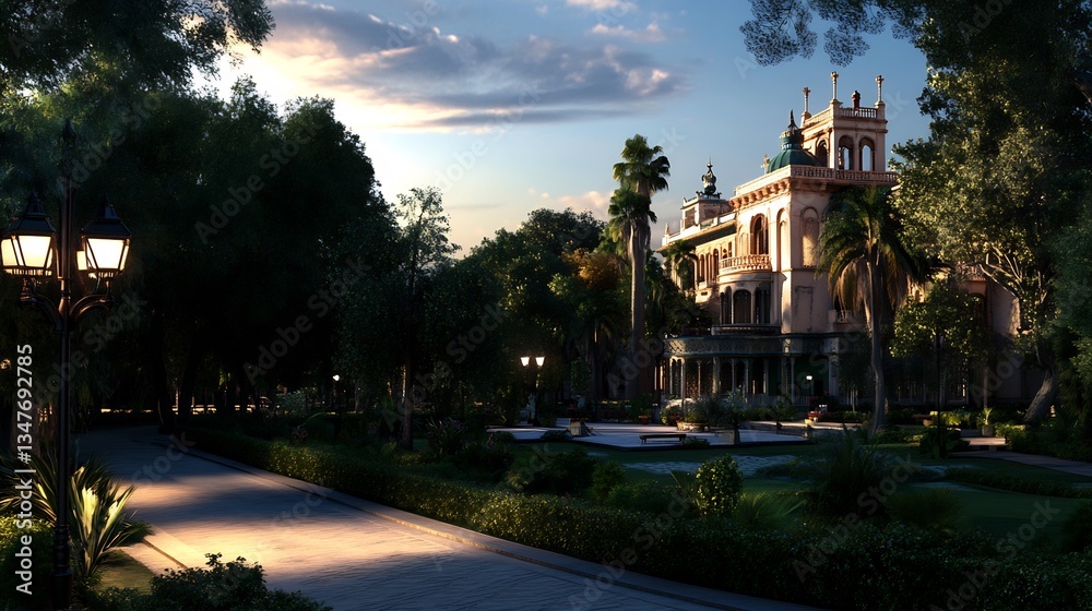 Obraz premium Serene Sunset at the Grand Mansion Estate